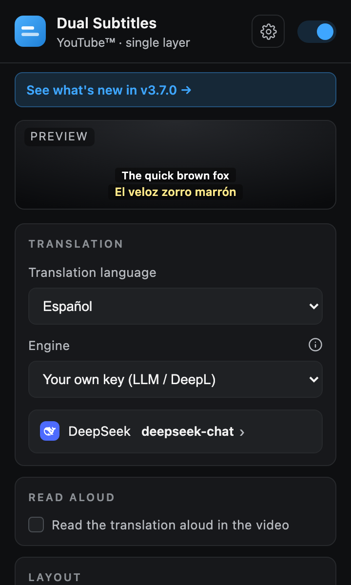 The top of the extension's popup: a live preview showing an English line above its translation, then the translation-language dropdown and the engine dropdown set to the user's own key, with DeepSeek and its model named underneath.