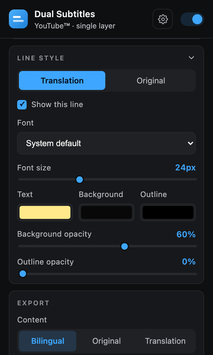 The popup's Line style card, unfolded: tabs for the translation line and the original line, a show-this-line checkbox, a font dropdown, a font-size slider, three colour swatches for text, background and outline, and sliders for background and outline opacity.