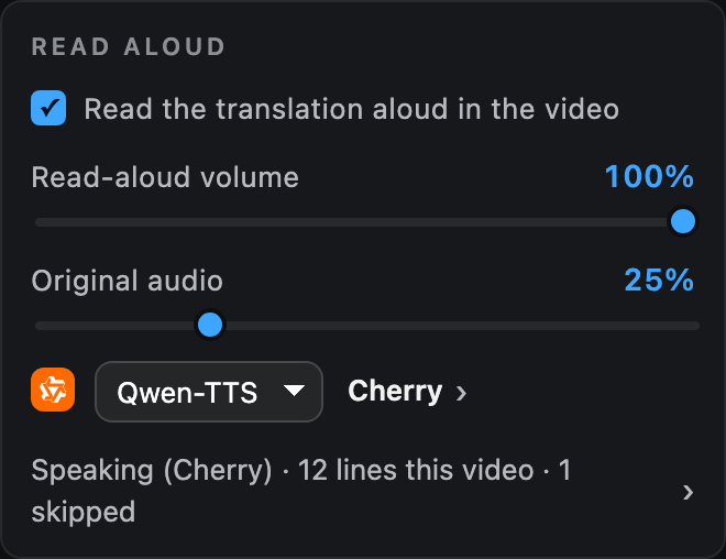 The popup's read-aloud card: a switch to read the translation aloud, sliders for the spoken volume and for how far the original audio ducks, a voice picker set to Cherry, and a status line reading Speaking (Cherry), 12 lines this video, 1 skipped.