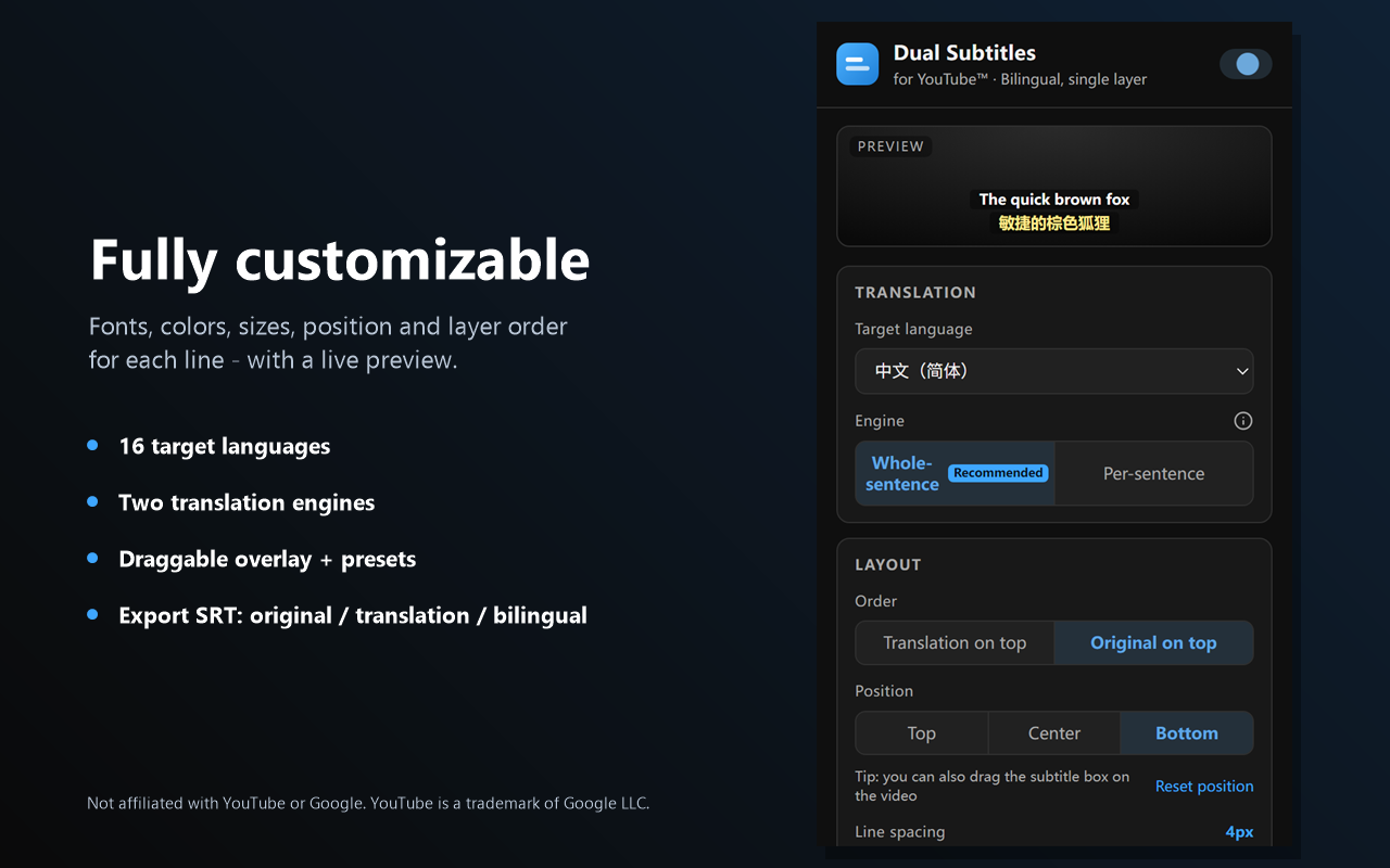 The extension's settings popup showing the target language selector, engine toggle, layout order, and subtitle position, next to a short feature list.